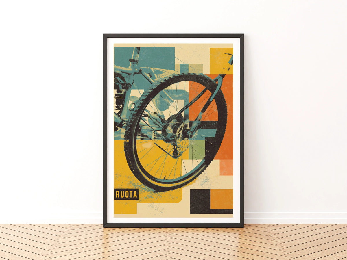 Retro Mountain Bike Wheel Poster, Vintage Cycling Print, MTB Wall Art, Bold Graphic Decor