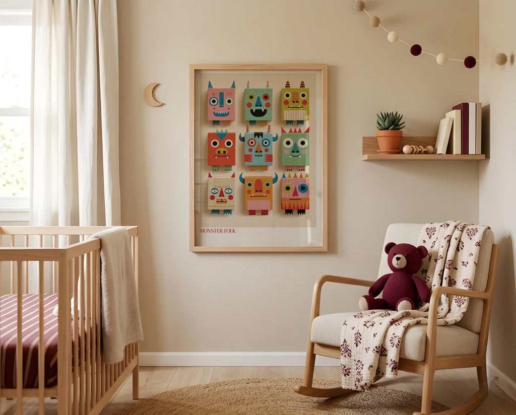 Monster Folk Kids Wall Art Print, Retro Nursery Poster, Colourful Children's Collectable Decor