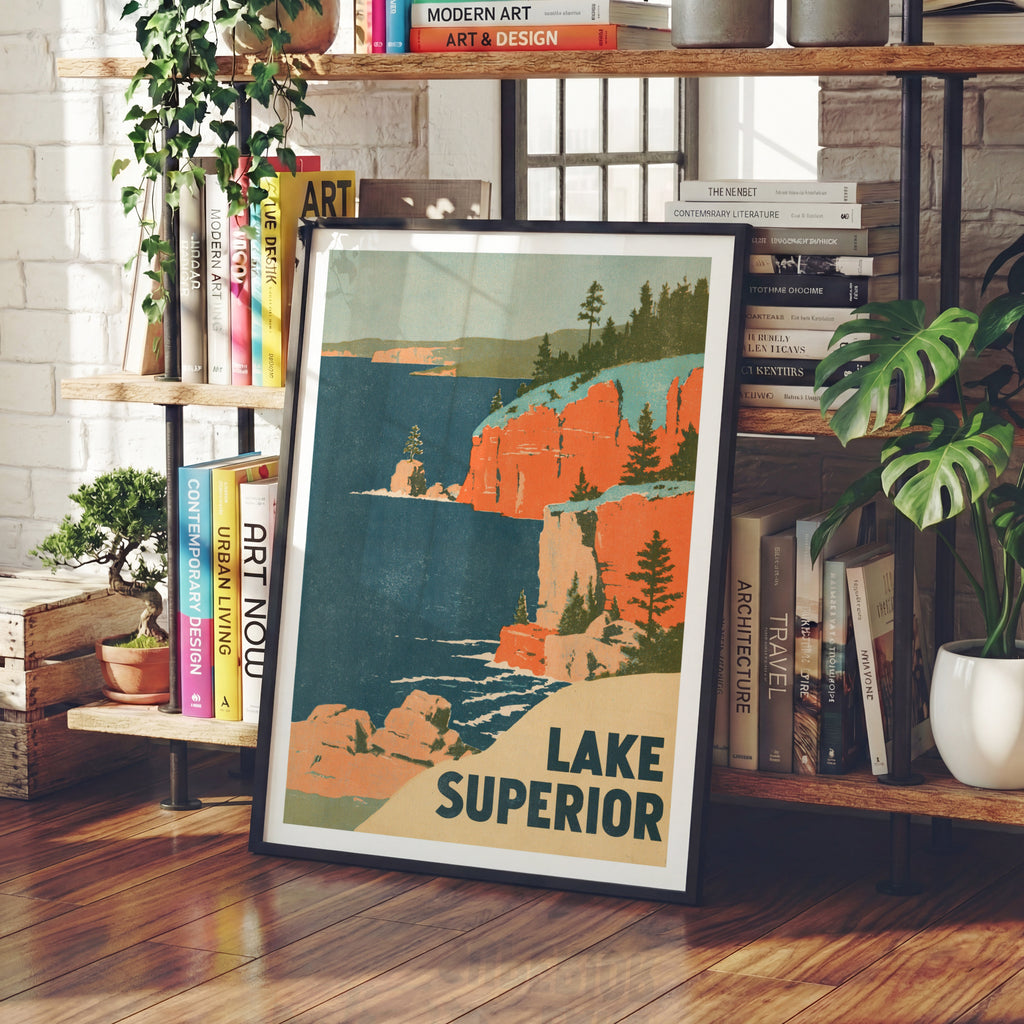 Retro Lake Superior Poster, Vintage Travel Print, Great Lakes Cliffs, Cabin Wall Art, Nature Decor