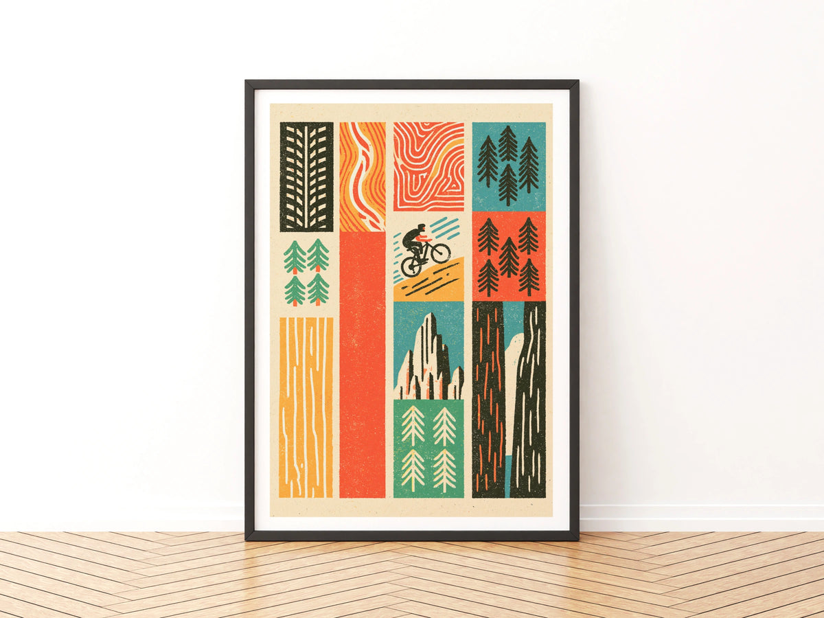 Retro Mountain Bike Poster, MTB Trail Art Print, Cycling Gift, Pine Tree Wall Art