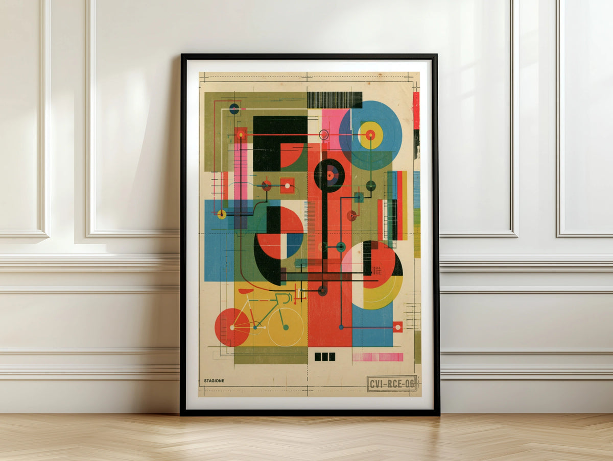 Retro Cycling Poster, Abstract Bauhaus Bike Art Print, Vintage Geometric Bicycle Wall Art