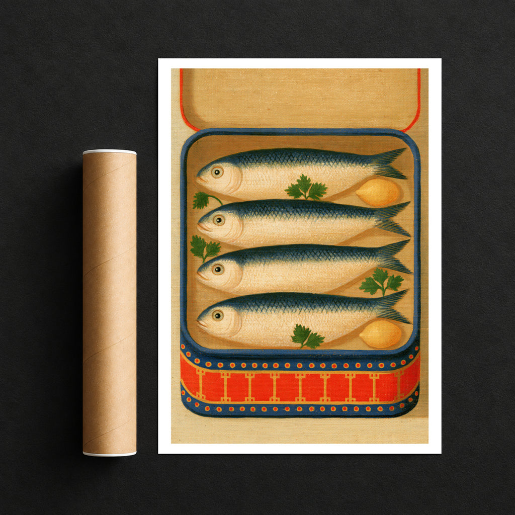 Vintage kitchen art / retro food art / tinned fish art / Mediterranean kitchen art / coastal kitchen art
