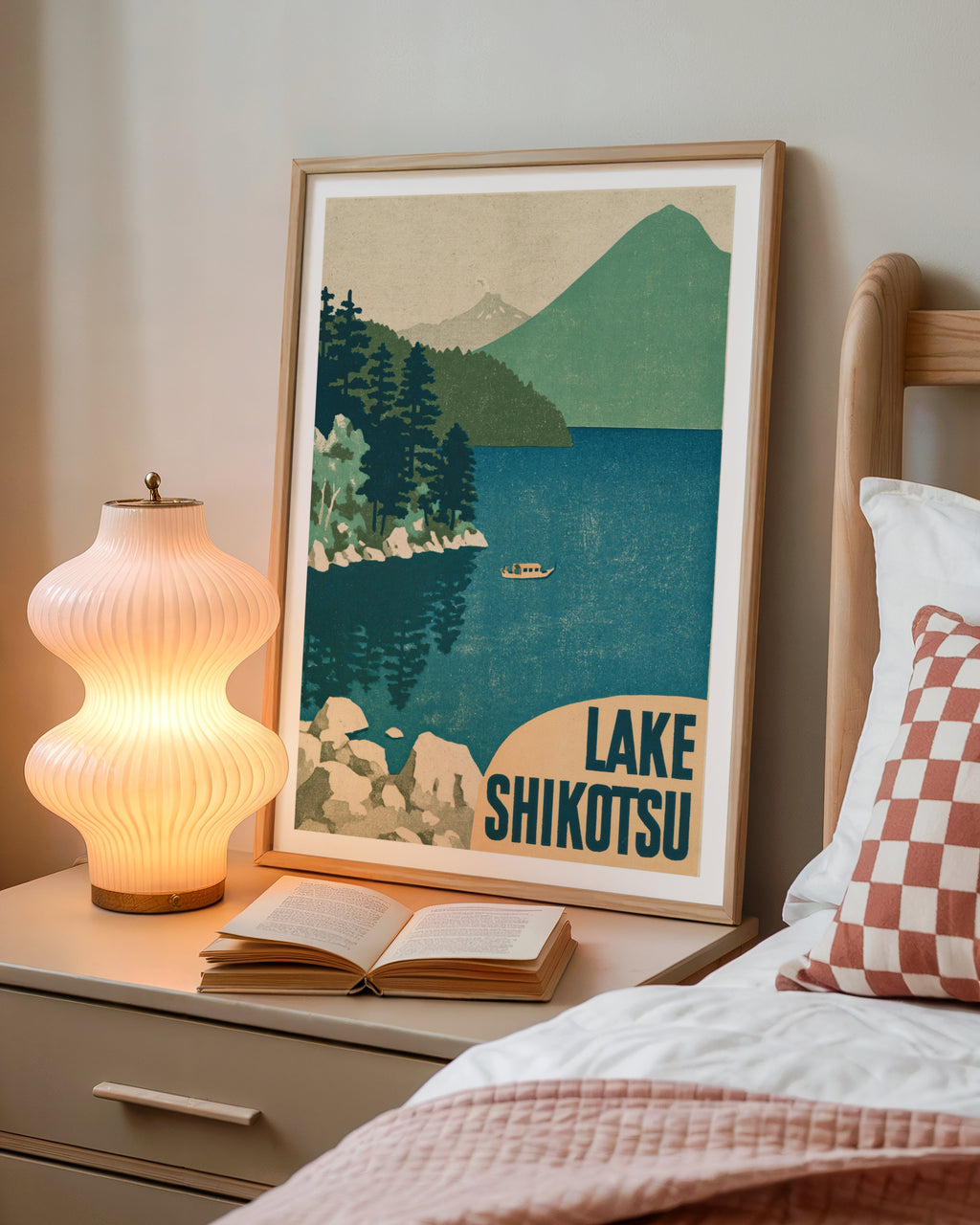 Retro Lake Shikotsu Poster, Vintage Travel Print, Hokkaido Japan Wall Art, Japanese Lake Scene