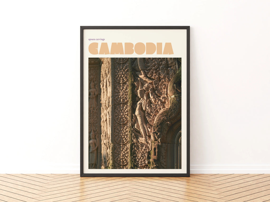 Cambodia Travel Poster, Retro Apsara Carvings Print, Angkor Wat Wall Art, Southeast Asia