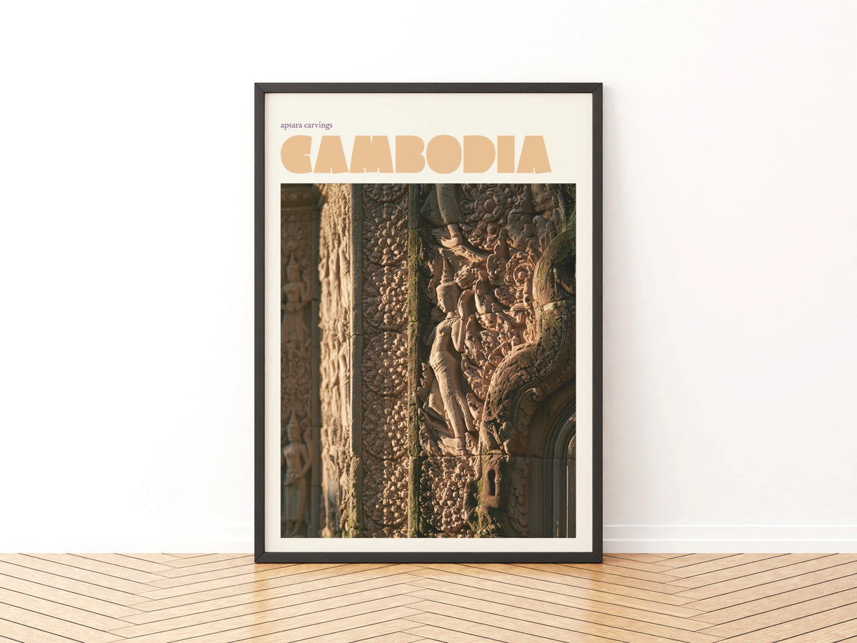 Cambodia Travel Poster, Retro Apsara Carvings Print, Angkor Wat Wall Art, Southeast Asia