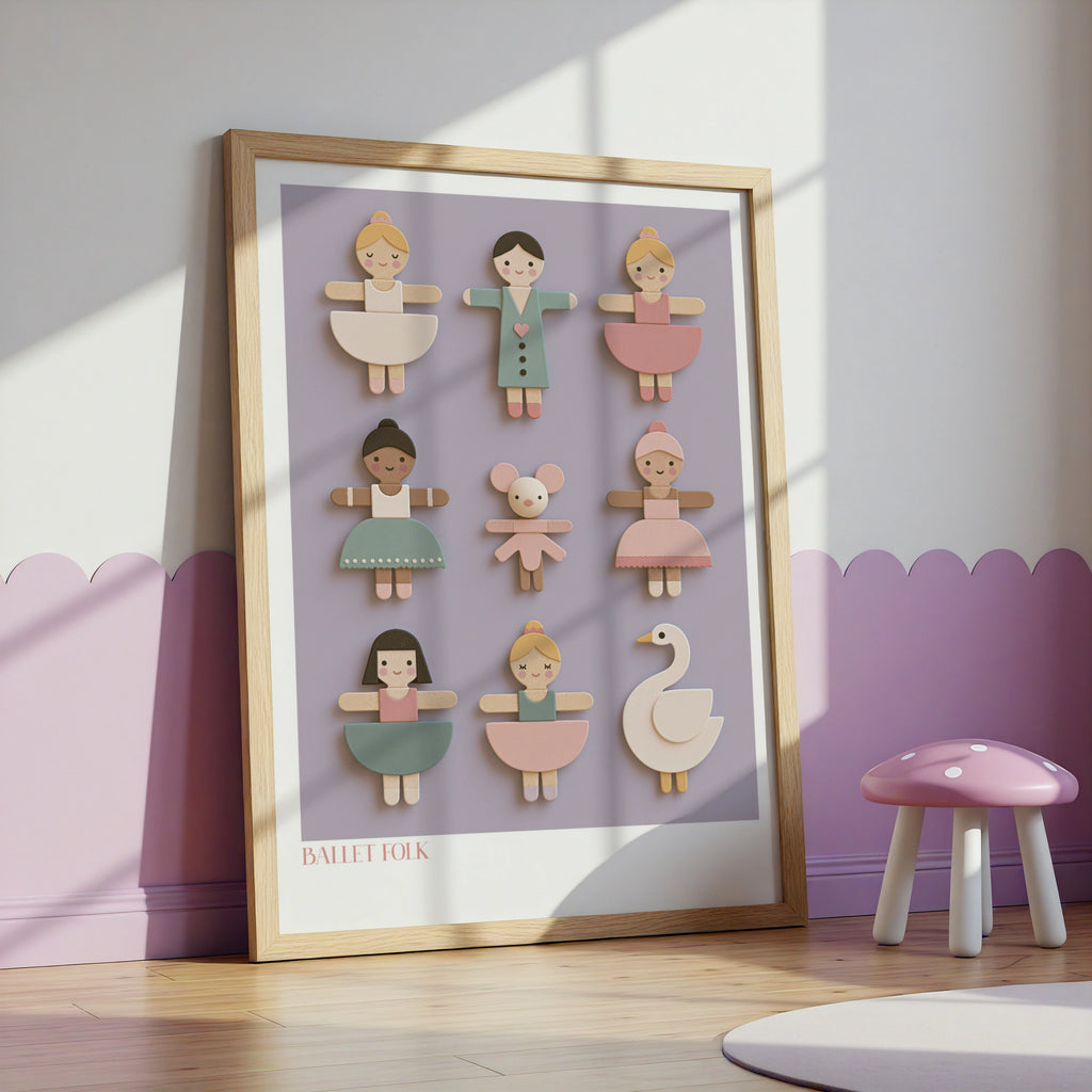 Ballet Folk Retro Nursery Poster, Wooden Toy Ballerina Wall Art, Children's Collectable Print