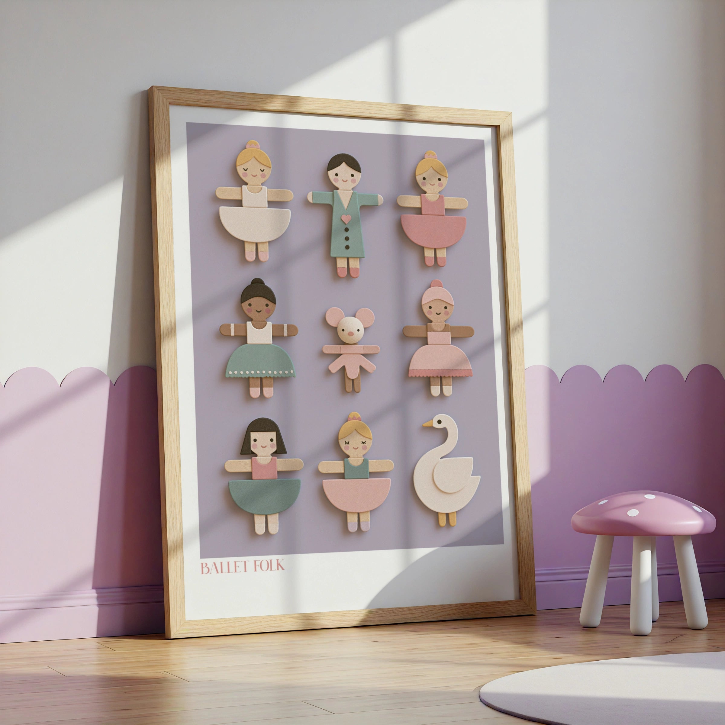 Ballet Folk Retro Nursery Poster, Wooden Toy Ballerina Wall Art, Children's Collectable Print