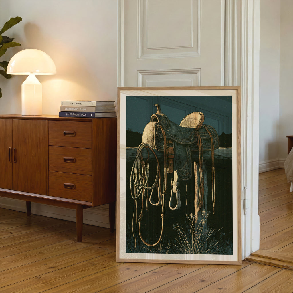 Western Saddle Wall Art, Cowboy Poster, Desert Night Fence Post Print, Rustic Ranch Decor