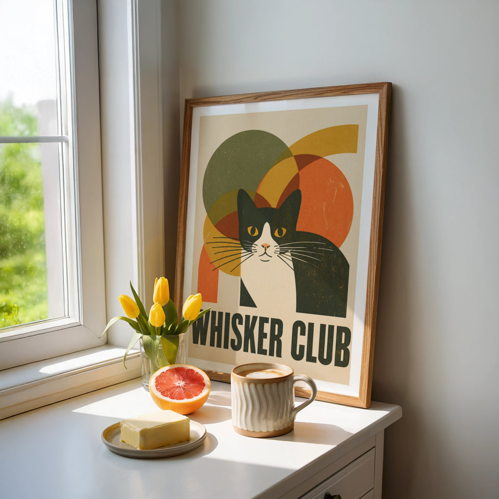 Whisker Club Retro Cat Print, Tuxedo Cat Wall Art, Mid Century Modern Cat Gift