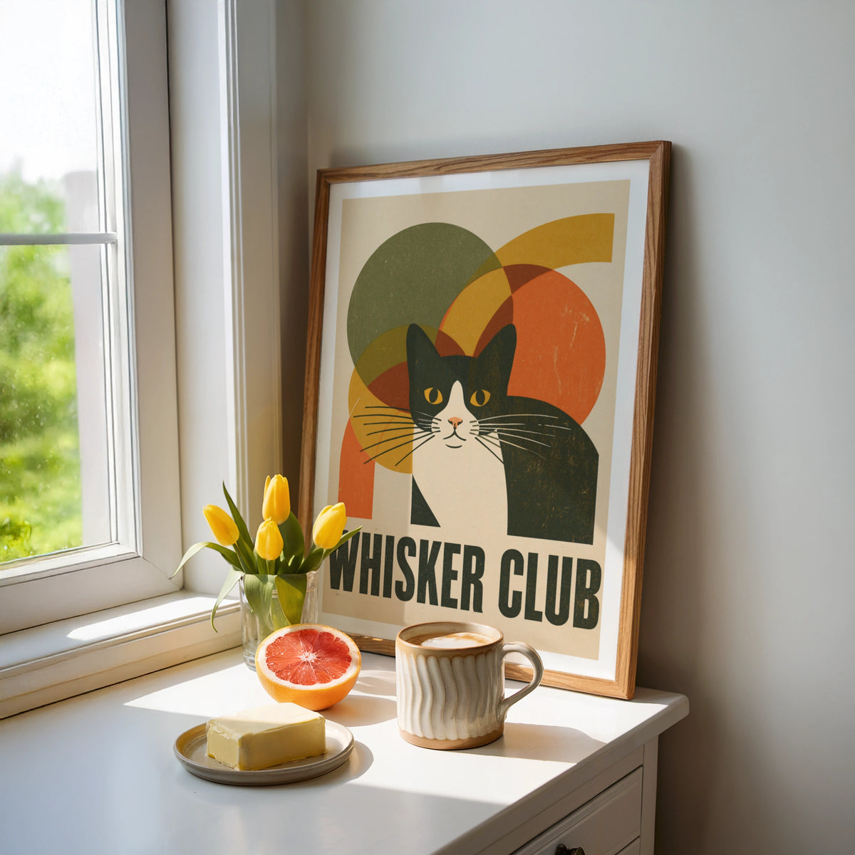 Whisker Club Retro Cat Print, Tuxedo Cat Wall Art, Mid Century Modern Cat Gift