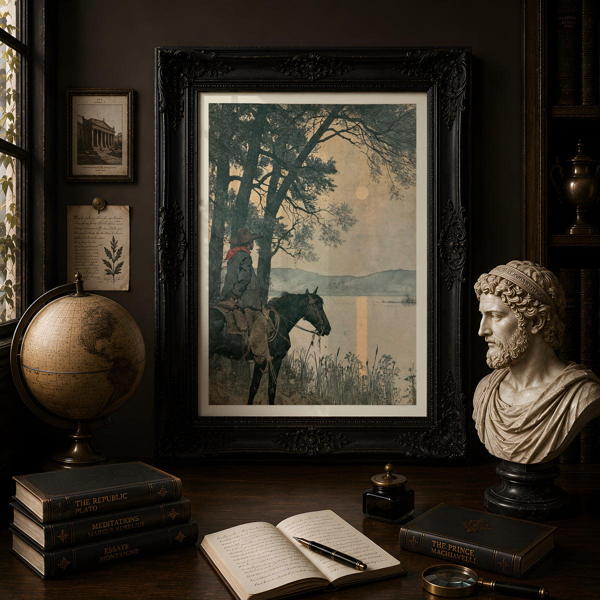 Vintage Cowboy on Horseback Print, Moonlit Lake Western Wall Art, Rustic Nature Landscape Poster