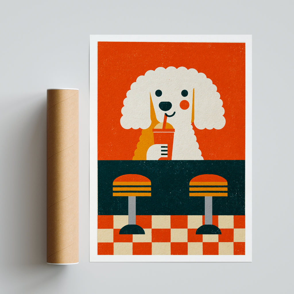 Retro Poodle Diner Poster, Vintage Dog Wall Art, Cute Puppy Print, Orange Retro Kitchen Decor