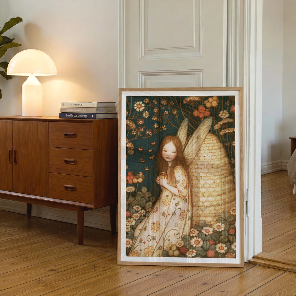 Fairy Girl Bee Skep Print, Classic Folk Art Poster, Floral Botanical Whimsical Wall Art