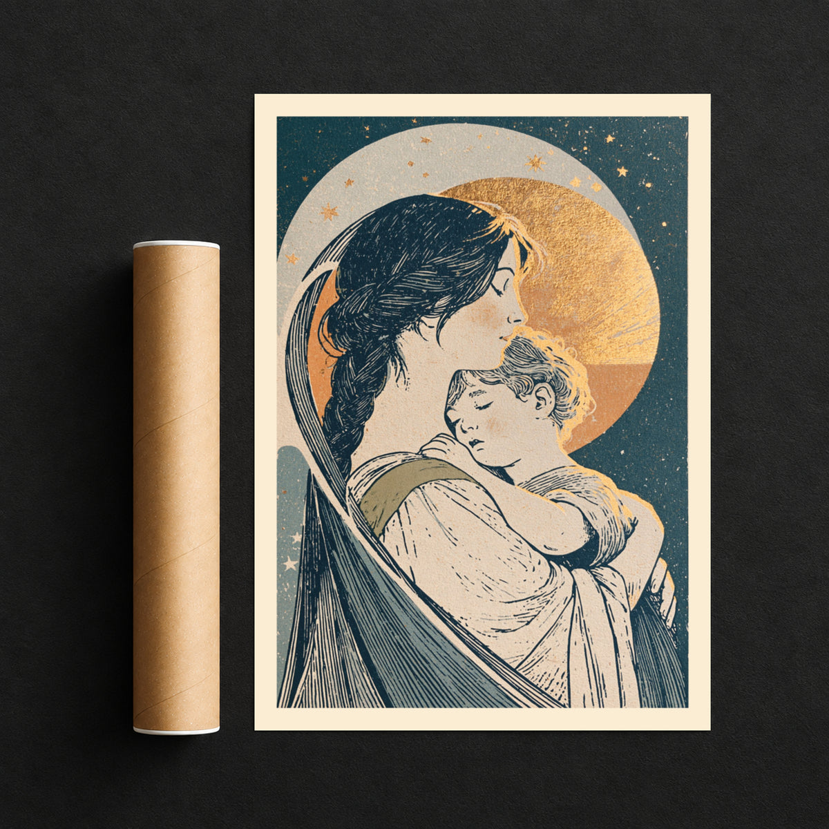 Mother and Child Vintage Art Nouveau, Celestial Moon Stars, Nursery Wall Art, New Mum Gift Print