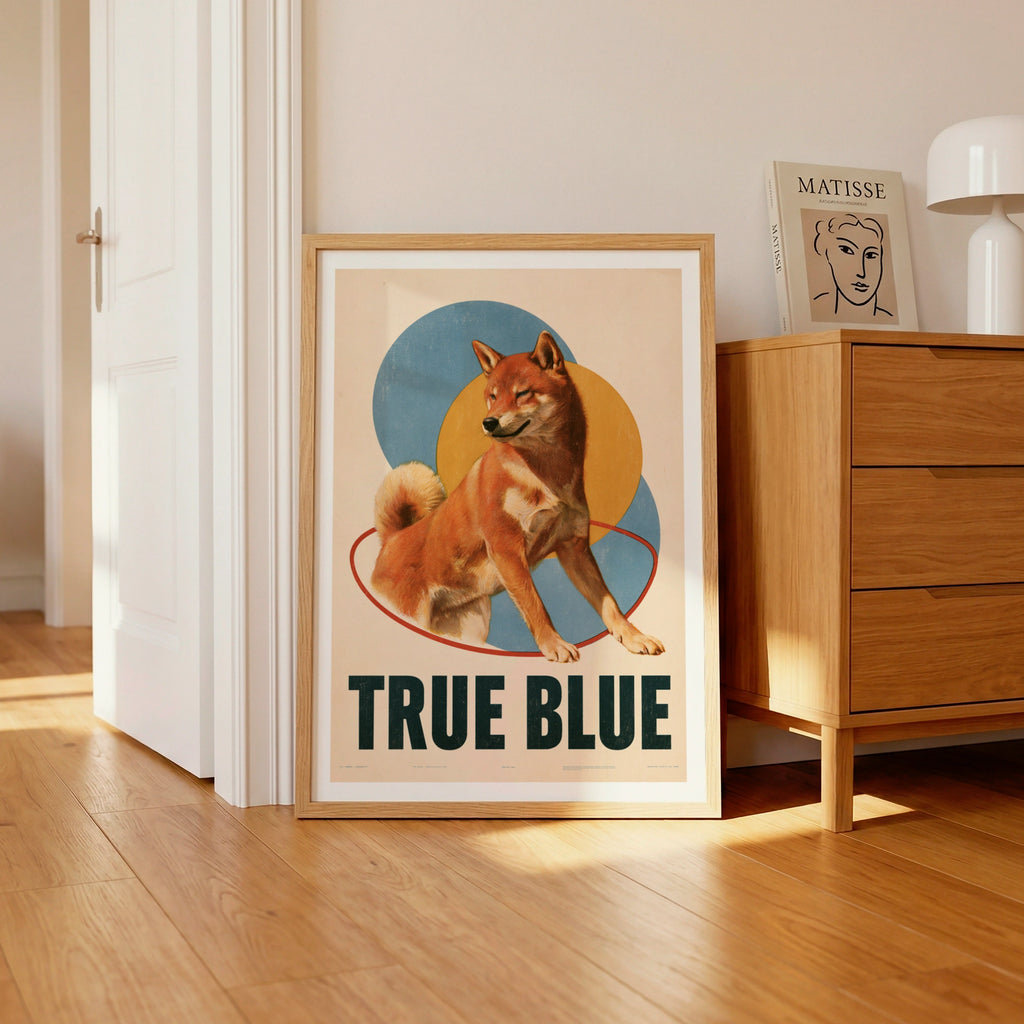 Shiba Inu Retro Dog Print, True Blue Folk Poster, Vintage Style Wall Art