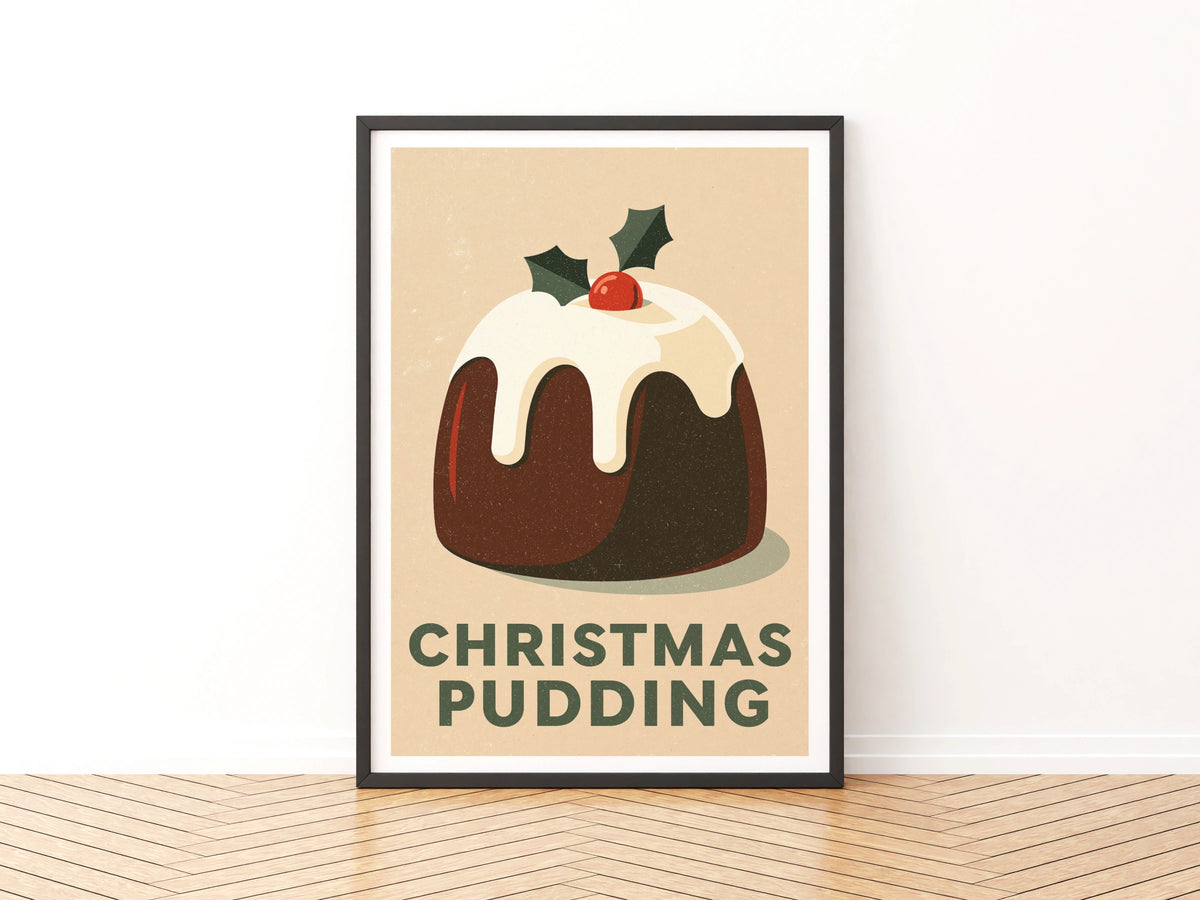 Christmas Pudding Vintage Food Poster Print | Rustic Kitchen Decor | Retro Mid Century Risograph