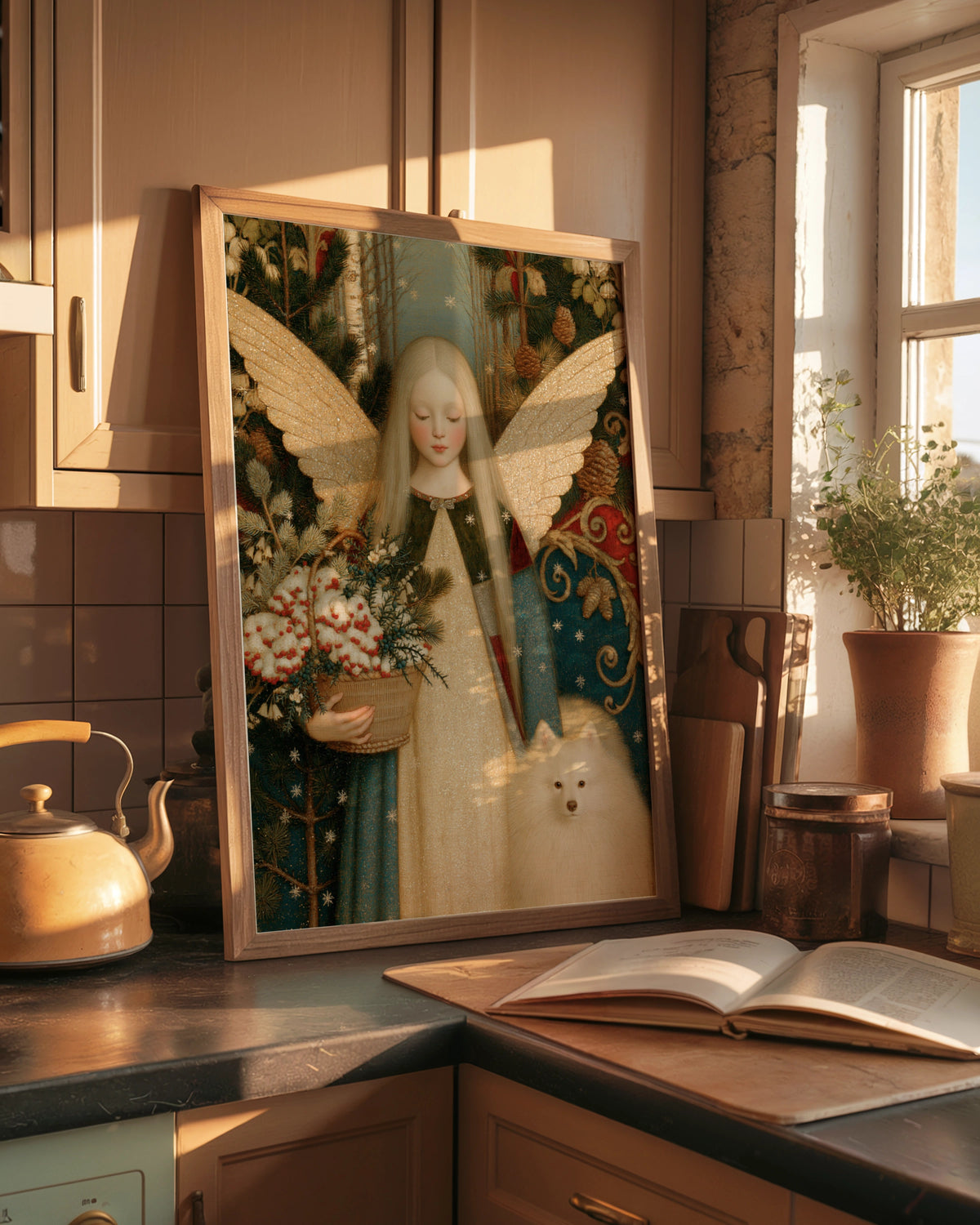 Winter Angel Art Print, Christmas Fairy Poster, Vintage Folk Style, White Dog Spitz Wall Art