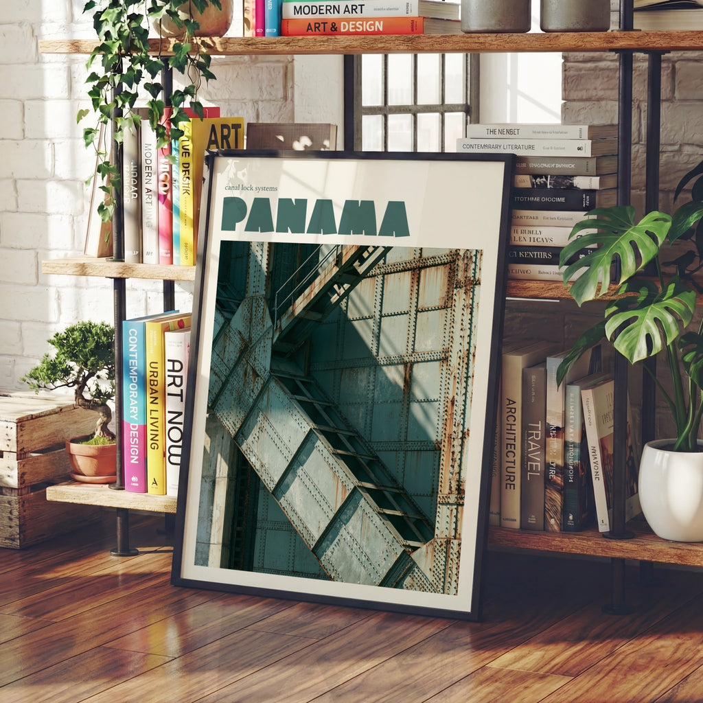 Panama Canal Print, Contemporary Travel Poster, Lock Gate Wall Art, Teal Industrial Decor