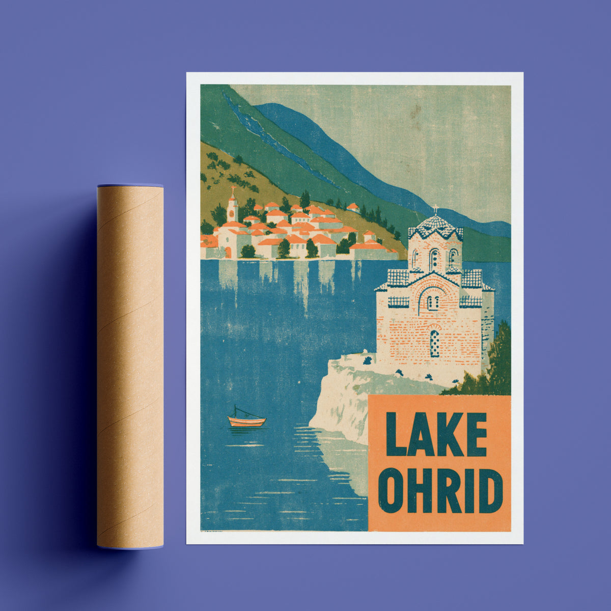 Retro Lake Ohrid Poster, Vintage Travel Print, North Macedonia Church Wall Art, Balkans Gift