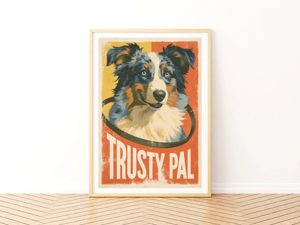 Retro Dog Poster, Australian Shepherd Print, Trusty Pal Folk Art Wall Decor