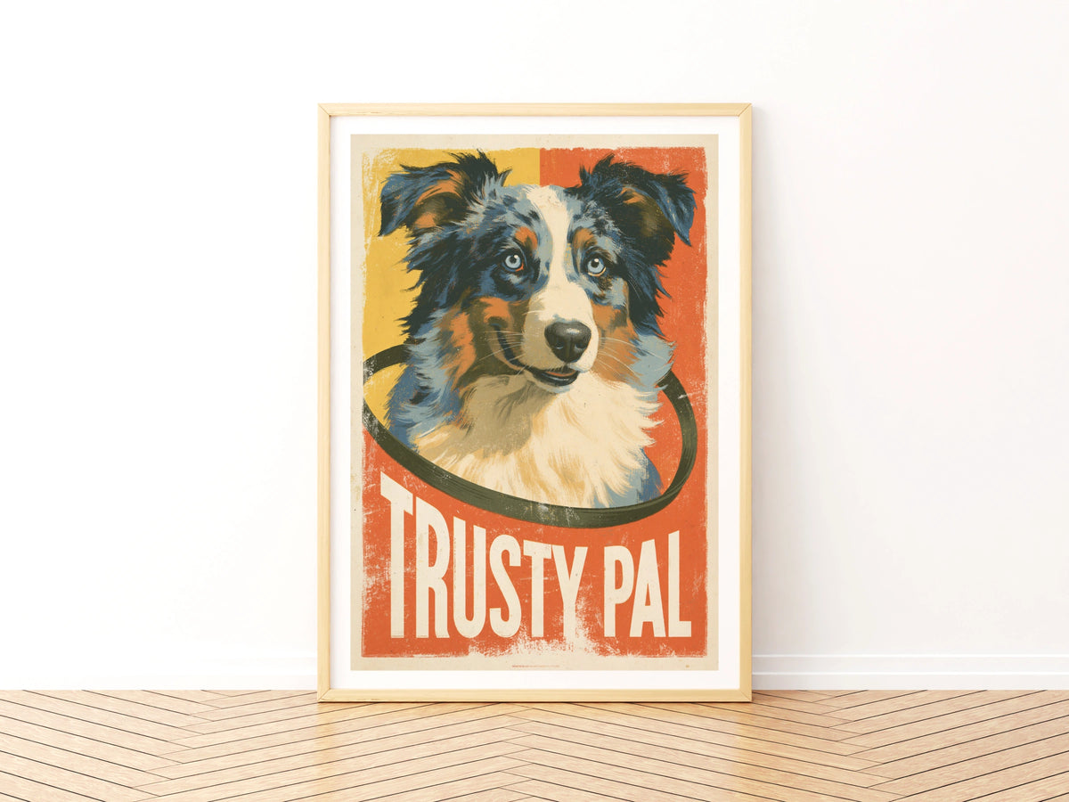 Retro Dog Poster, Australian Shepherd Print, Trusty Pal Folk Art Wall Decor