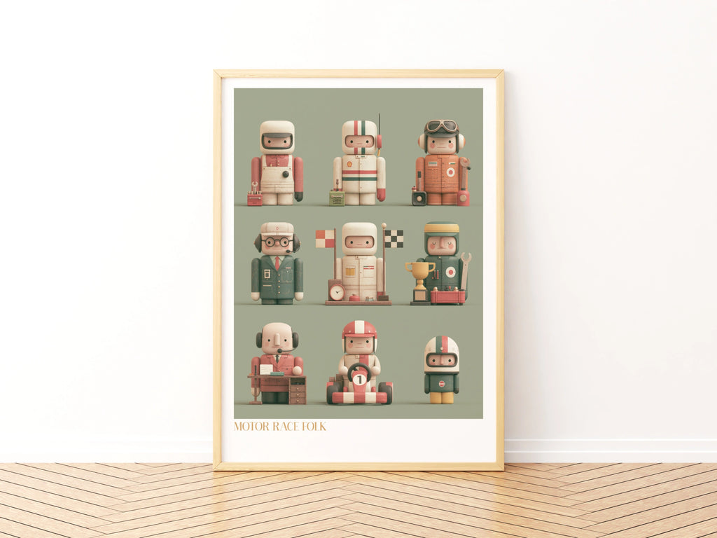 Motor Race Folk Retro Kids Poster, Racing Characters Children's Print, Collectable Wall Art