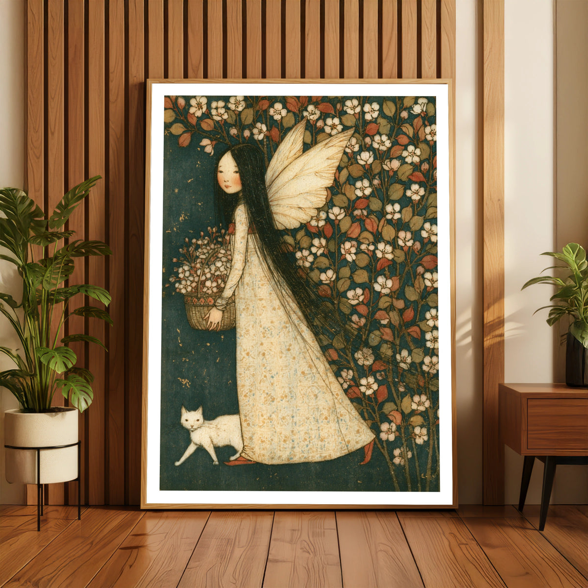 Fairy Girl Blossom Classic Art Print, White Cat Floral Folk Poster, Vintage Style