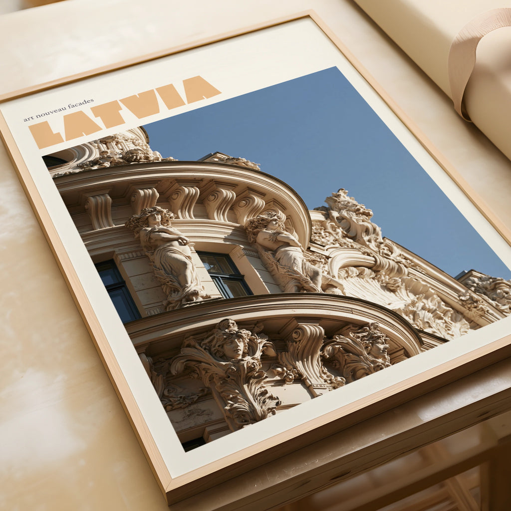 Latvia Retro Travel Poster, Riga Art Nouveau Architecture Print, Baltic Wall Art