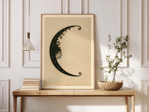 Vintage Crescent Moon Woman Print, Celestial Wall Art, Art Nouveau Moon Face Poster, Antique Style