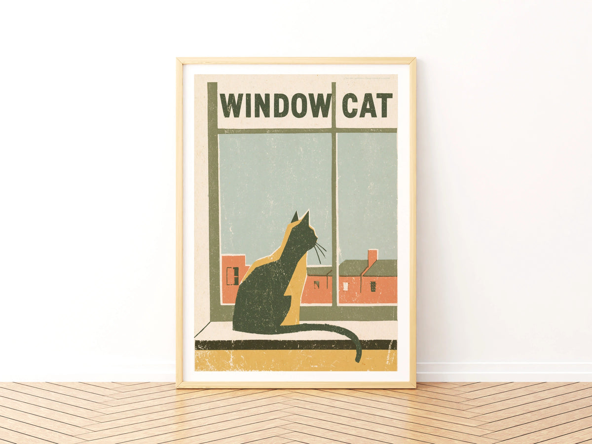 Window Cat Retro Print, Vintage Cat Wall Art, Folk Style Cat Lover Gift, Quirky