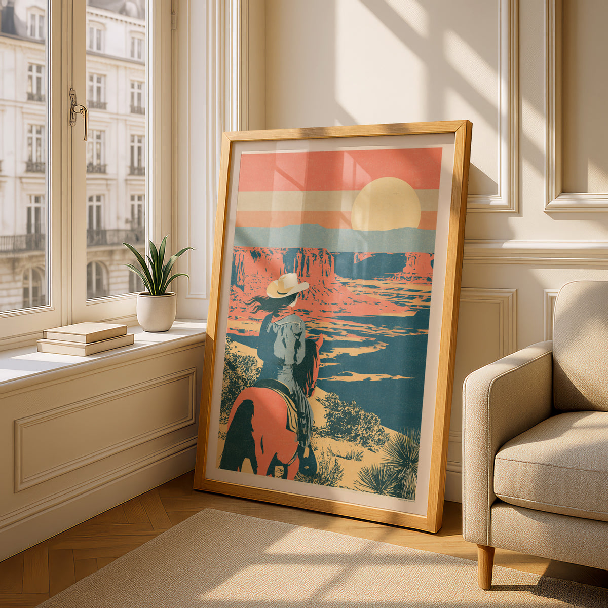 Retro Desert Canyon Sunset Print, Vintage Travel Poster, Cowgirl on Horseback, Southwest Wall Art