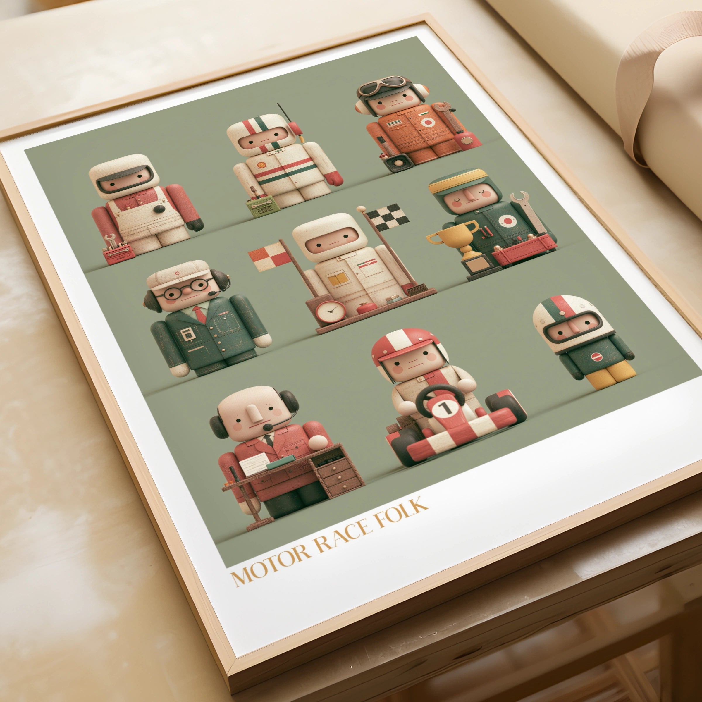Motor Race Folk Retro Kids Poster, Racing Characters Children's Print, Collectable Wall Art