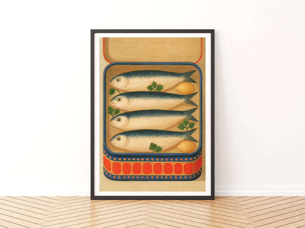 Vintage kitchen art / retro food art / tinned fish art / Mediterranean kitchen art / coastal kitchen art