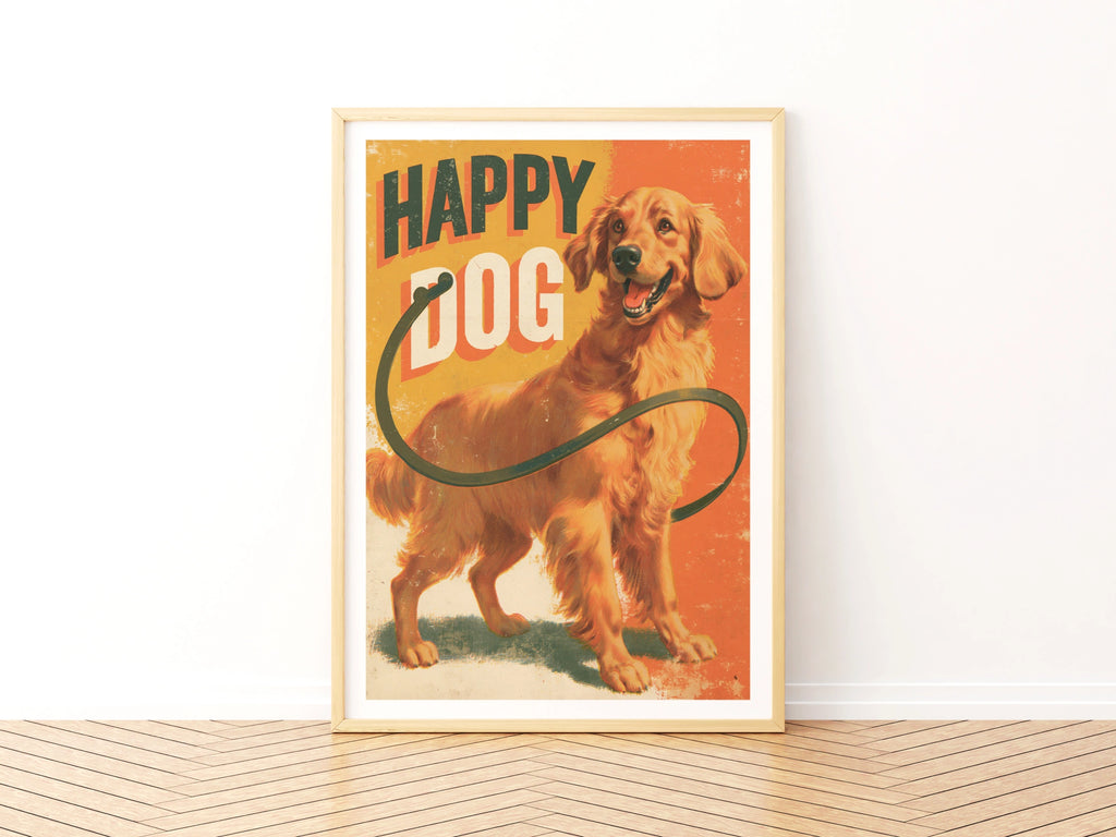 Happy Dog Retro Poster, Golden Retriever Wall Art, Vintage Dog Print, Orange Folk Style
