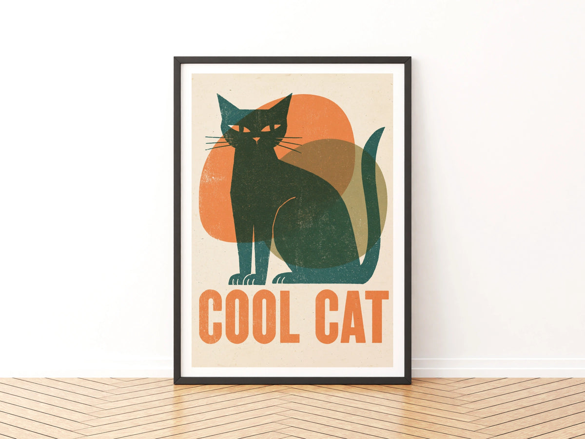 Cool Cat 1950's Retro Print, Vintage Style Black Cat Wall Art, Mid Century Folk Cat Decor