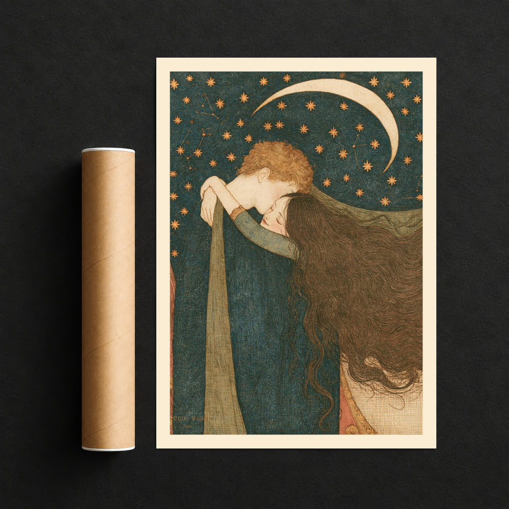 Celestial Lovers Wall Art, Crescent Moon and Stars Print, Romantic Vintage Poster, Bedroom Decor