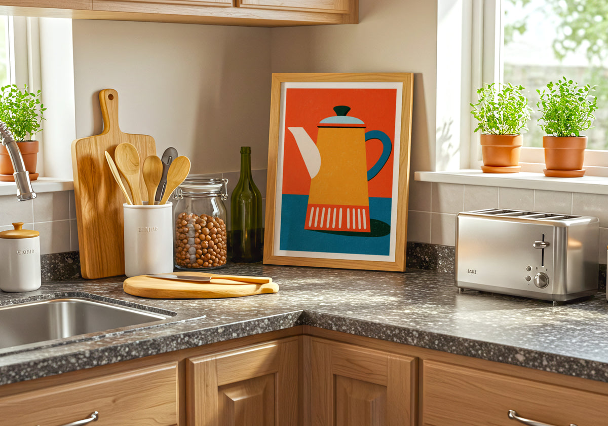 Vintage Food Poster Print, Retro Mid Century Risograph Coffee Pot, Rustic Kitchen Decor Art