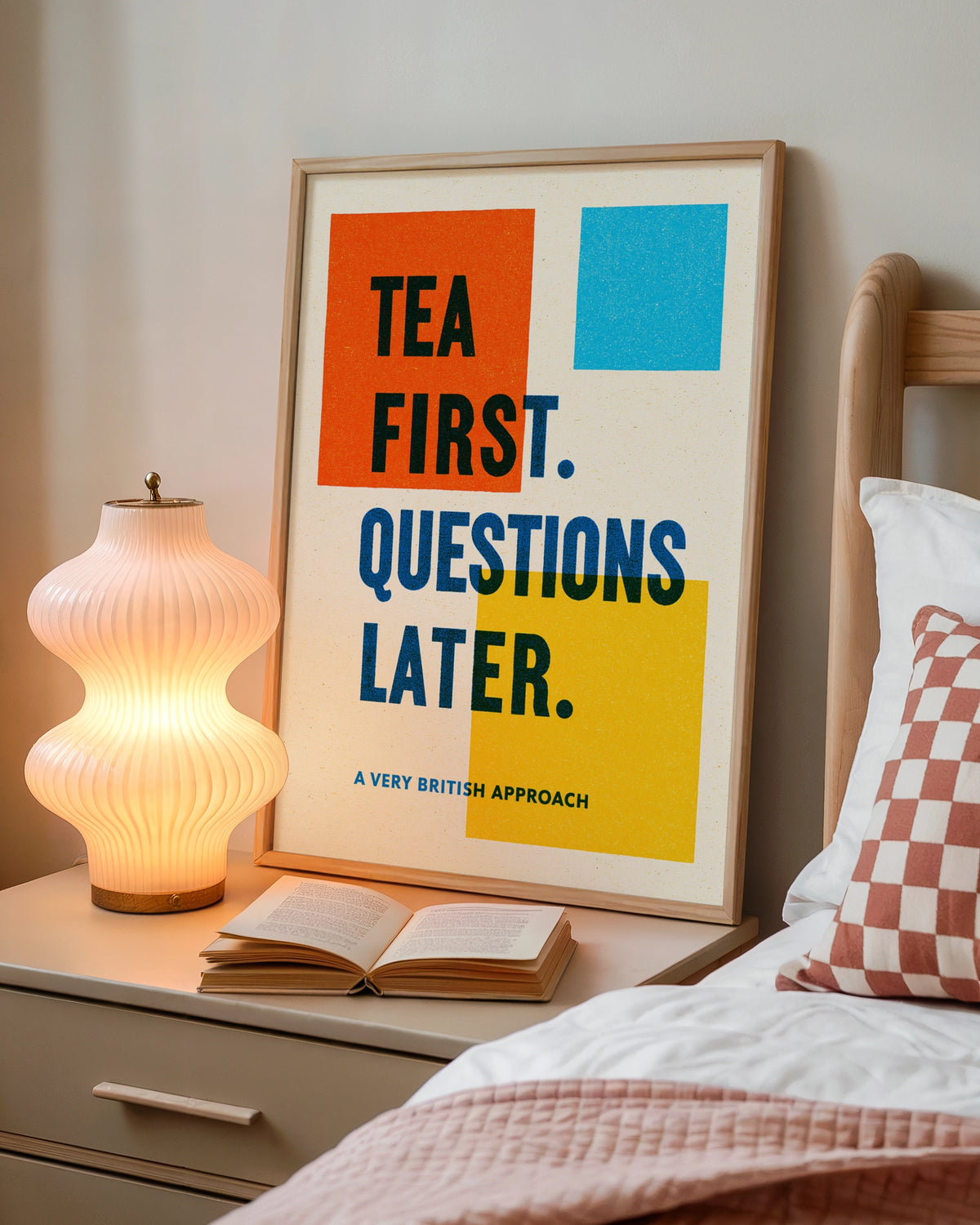 Tea First Questions Later Print, Funny British Typography Poster, Bold Colourful Kitchen Wall Art