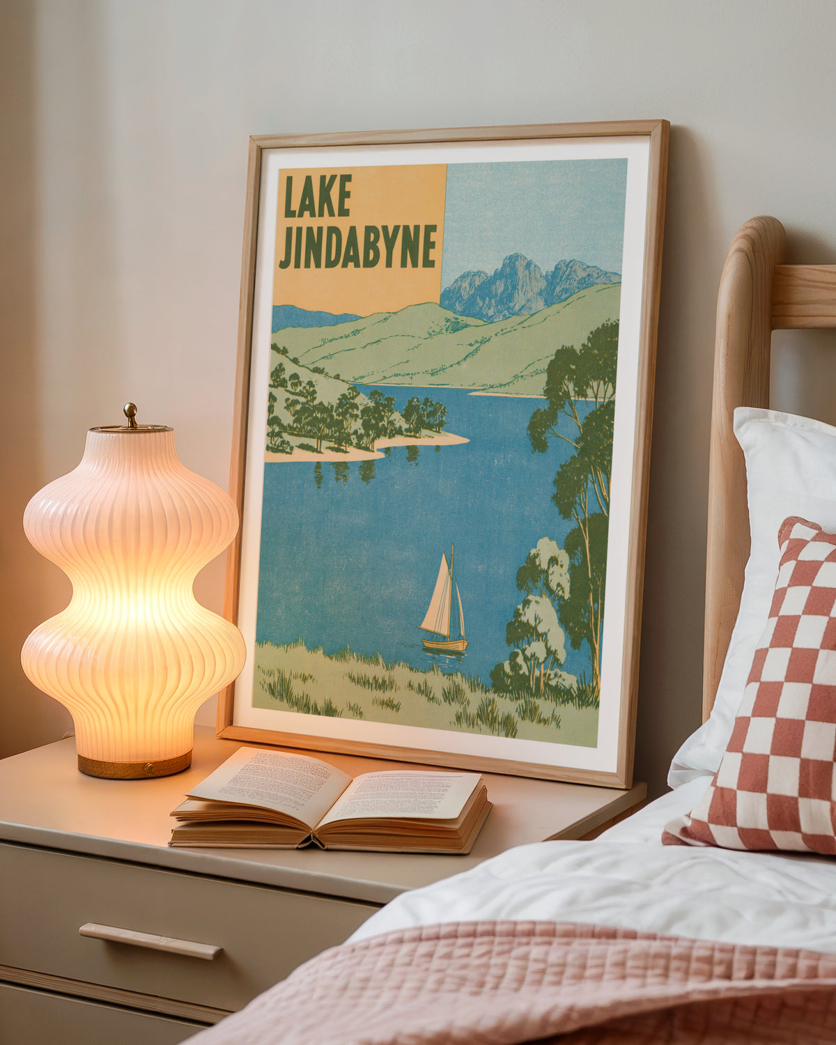 Lake Jindabyne Retro Travel Poster, Vintage Travel Print, Australia Snowy Mountains Wall Art