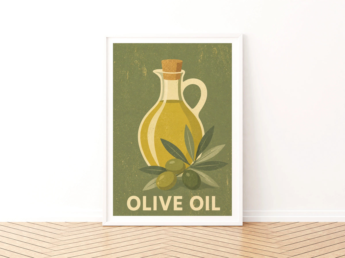 Olive Oil Vintage Food Poster Print | Rustic Kitchen Decor | Retro Mid Century Risograph Art