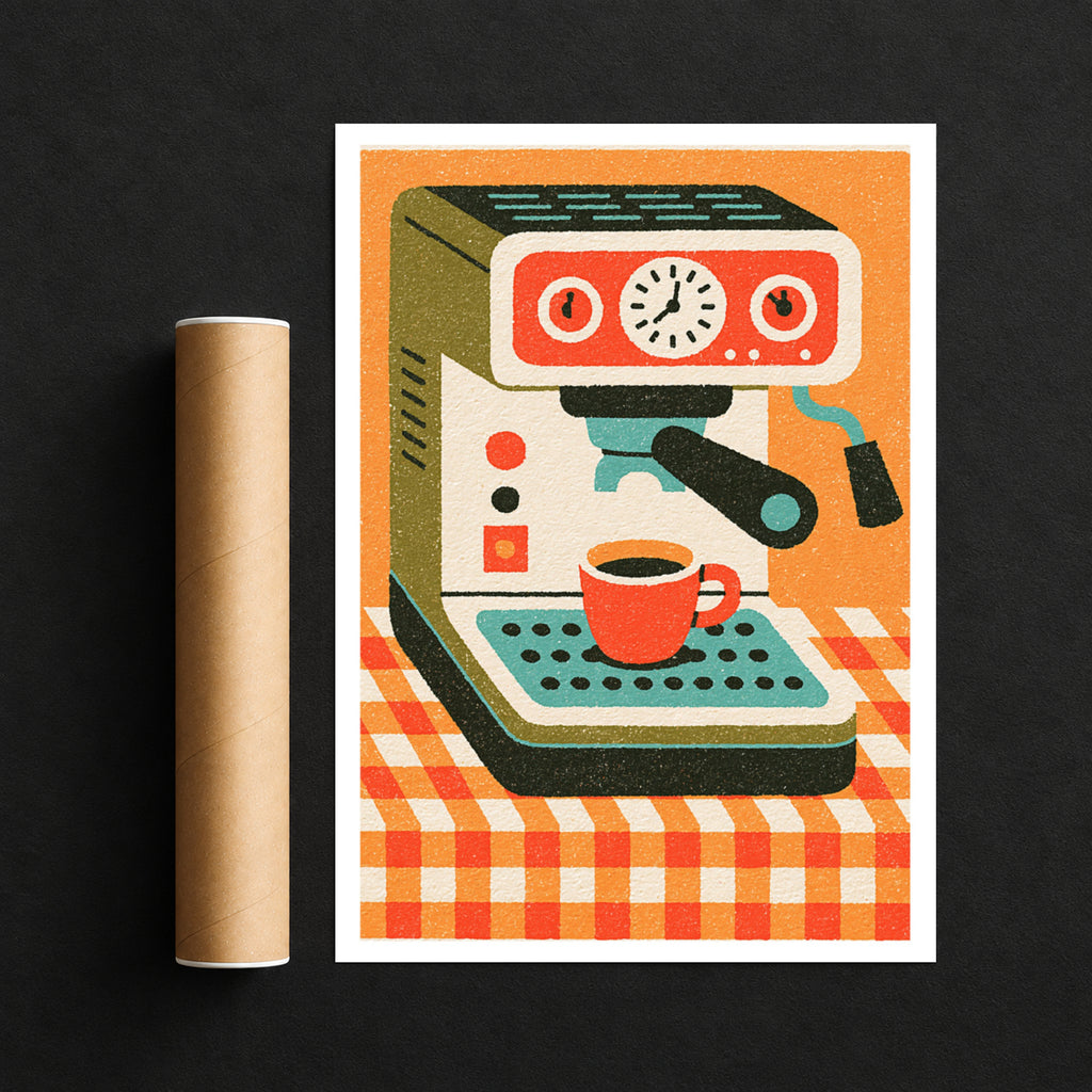 Retro Espresso Machine, Rustic Kitchen Decor, Mid Century Risograph Art
