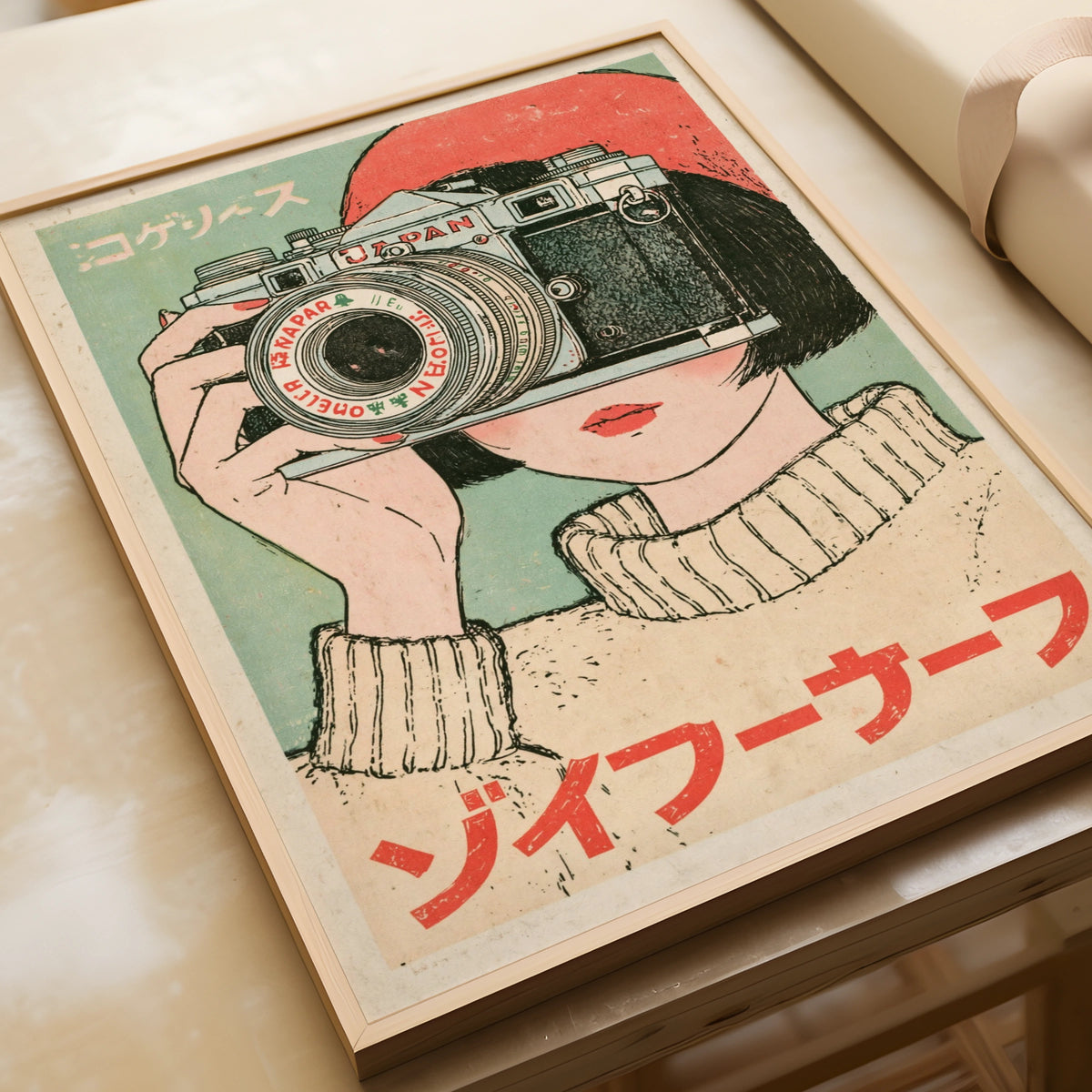 Vintage Japanese Camera Poster, Retro Boho Japan Photography Wall Art Print, Anime Girl
