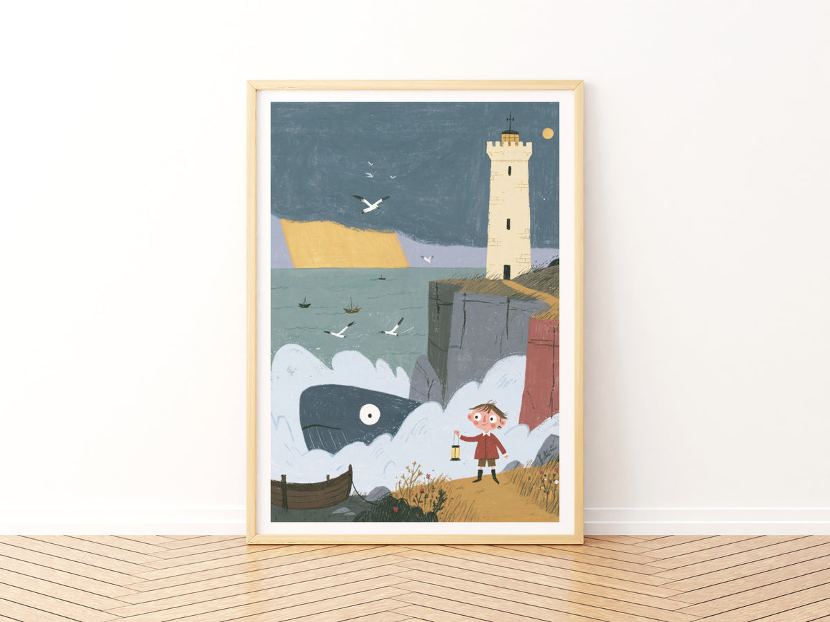 Lighthouse Whale Art Print, Children's Book Illustration, Coastal Nursery Wall Art, Boy With Lantern