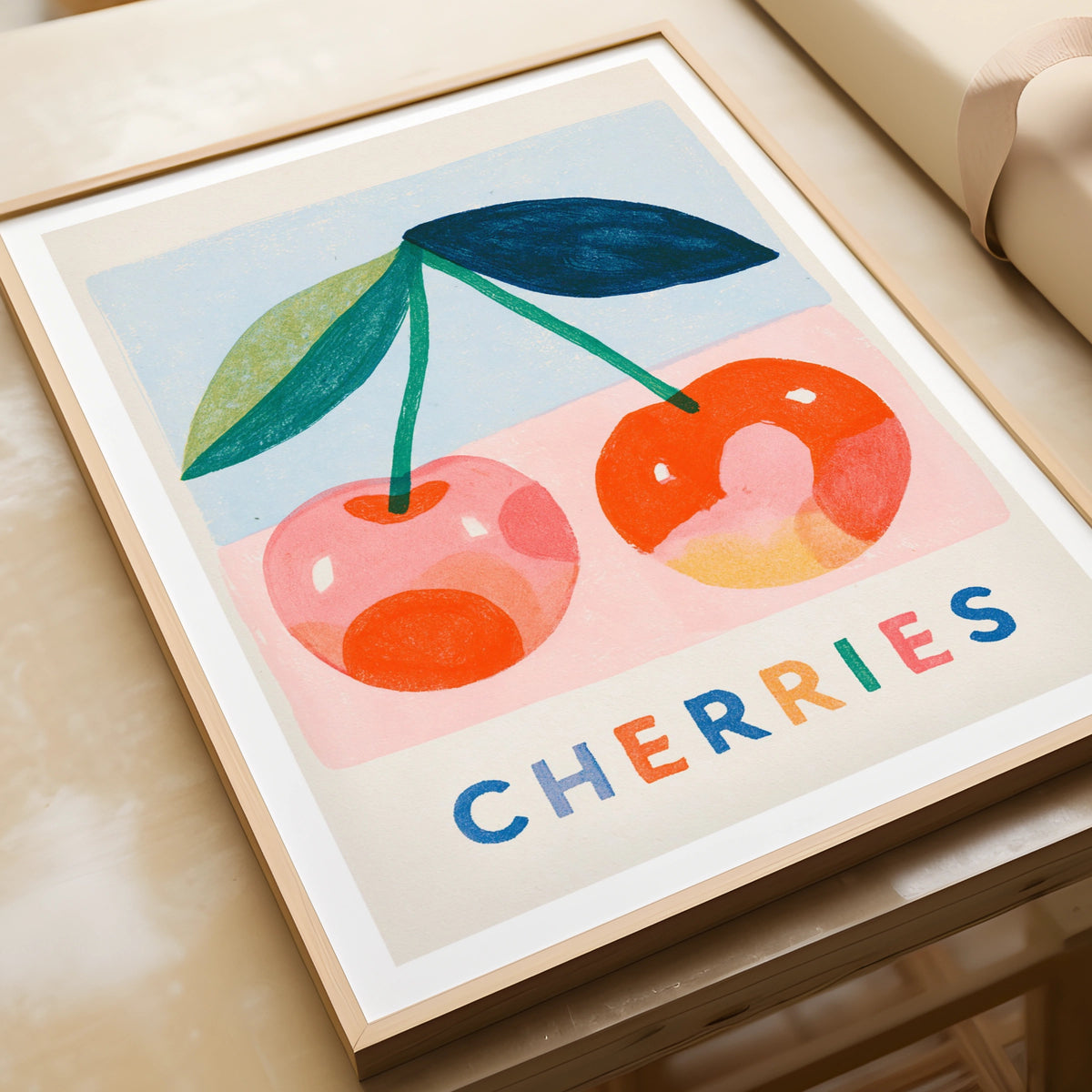 Cherries Vintage Food Poster Print, Rustic Kitchen Decor, Retro Mid Century Risograph Fruit Art
