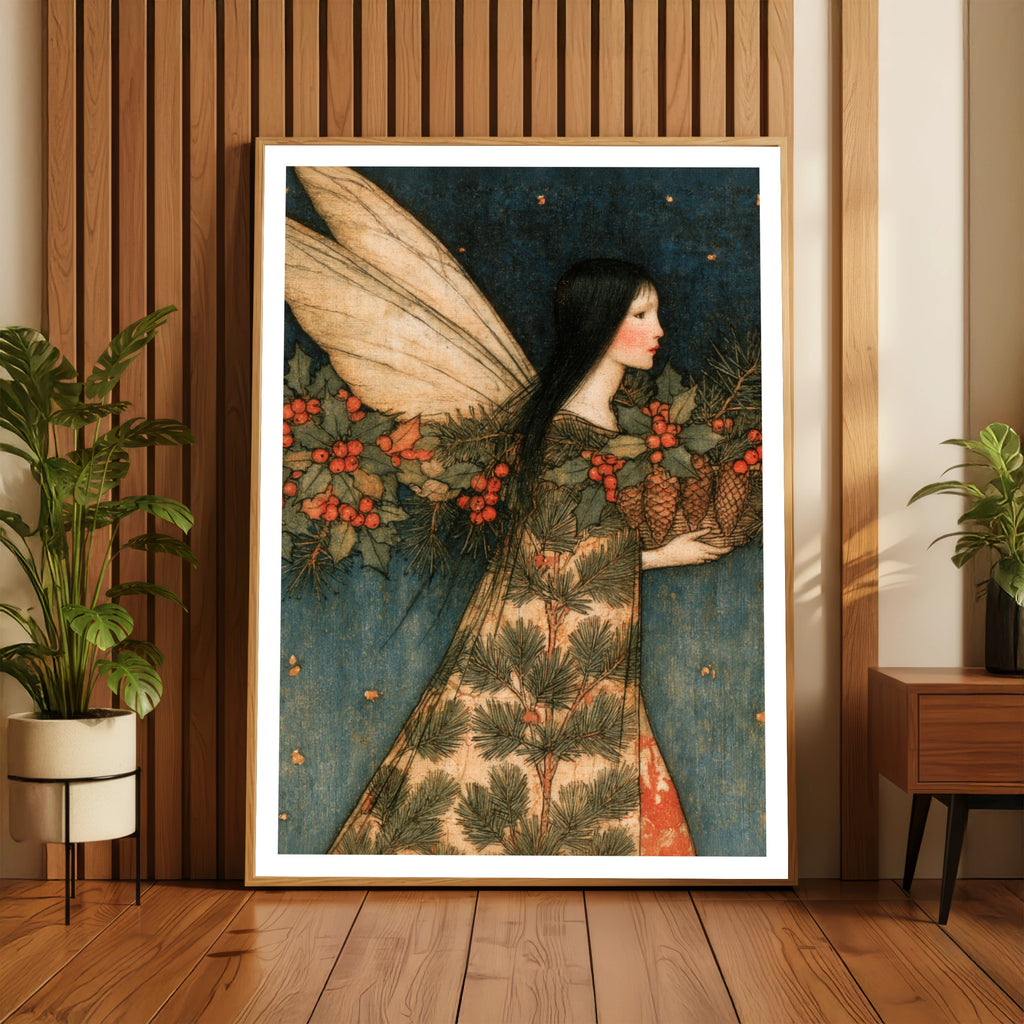 Winter Fairy Art Print, Christmas Folk Poster, Holly Berry Pine Cone Classic Inspired Wall Art