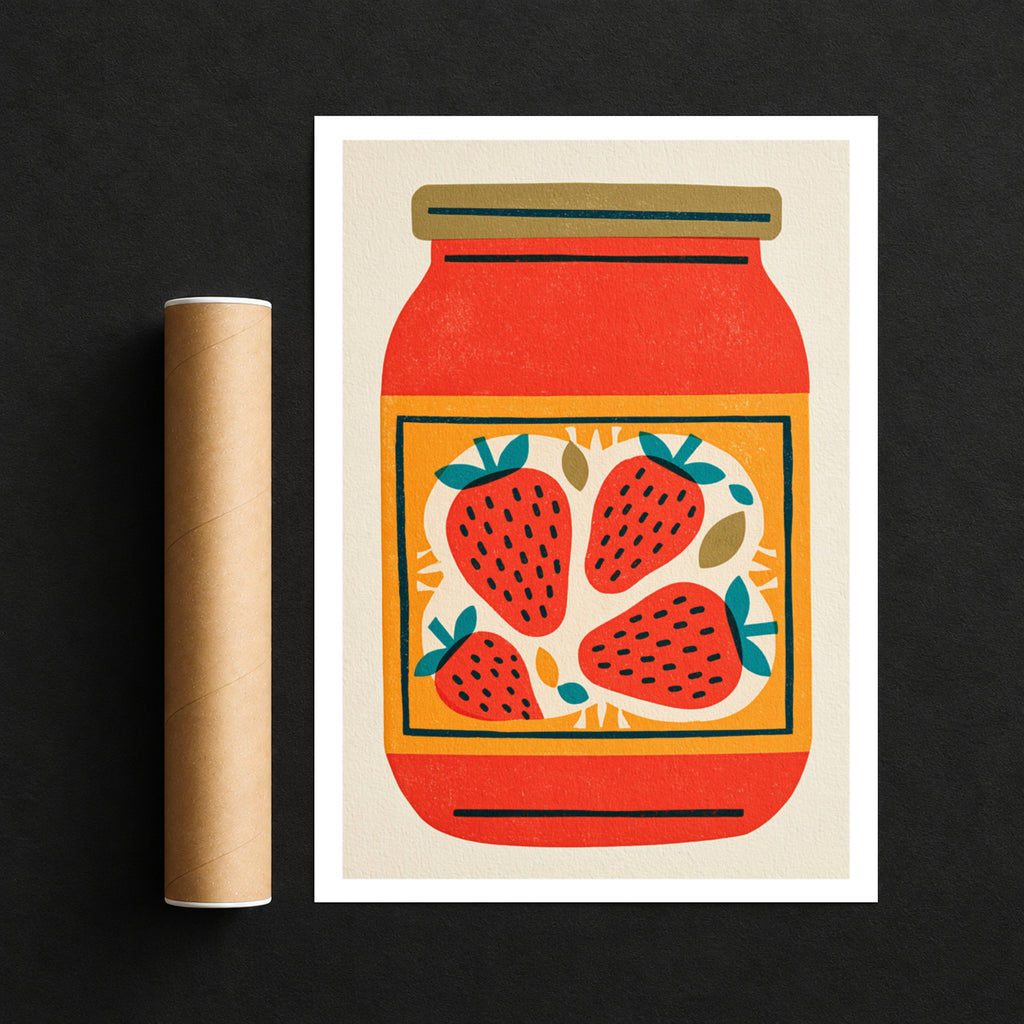 Vintage Food Poster Print, Strawberry Jam Jar, Rustic Kitchen Decor, Retro Mid Century Risograph Art