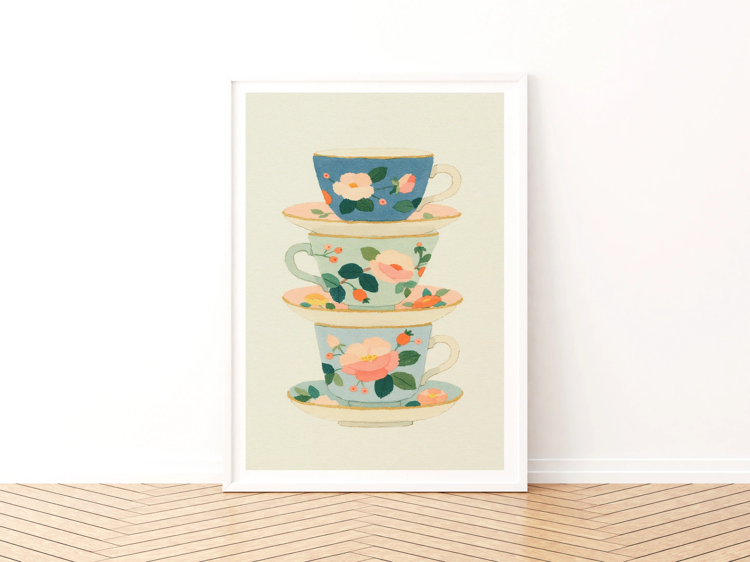 Vintage Food Poster Print, Stacked Teacups, Rustic Kitchen Decor, Floral Tea Art