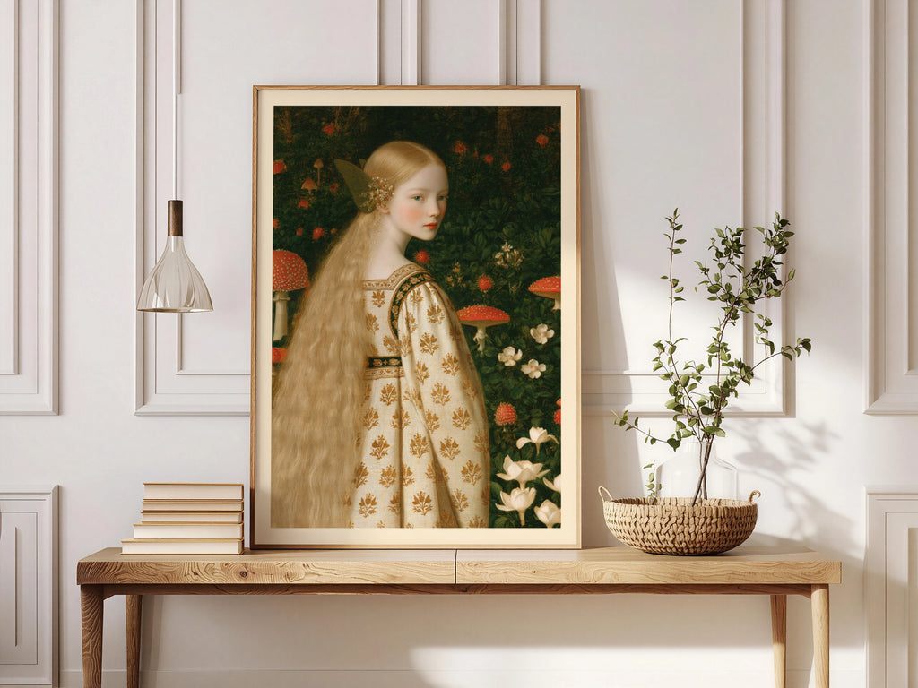 Fairy Girl in Mushroom Forest Print, Pre-Raphaelite Fairytale Art, Cottagecore Woodland Wall Art