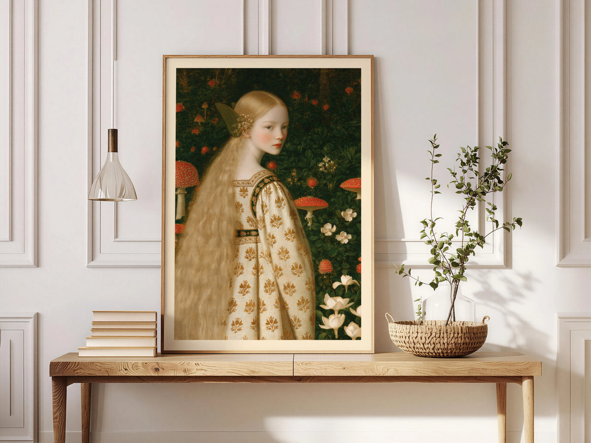Fairy Girl in Mushroom Forest Print, Pre-Raphaelite Fairytale Art, Cottagecore Woodland Wall Art