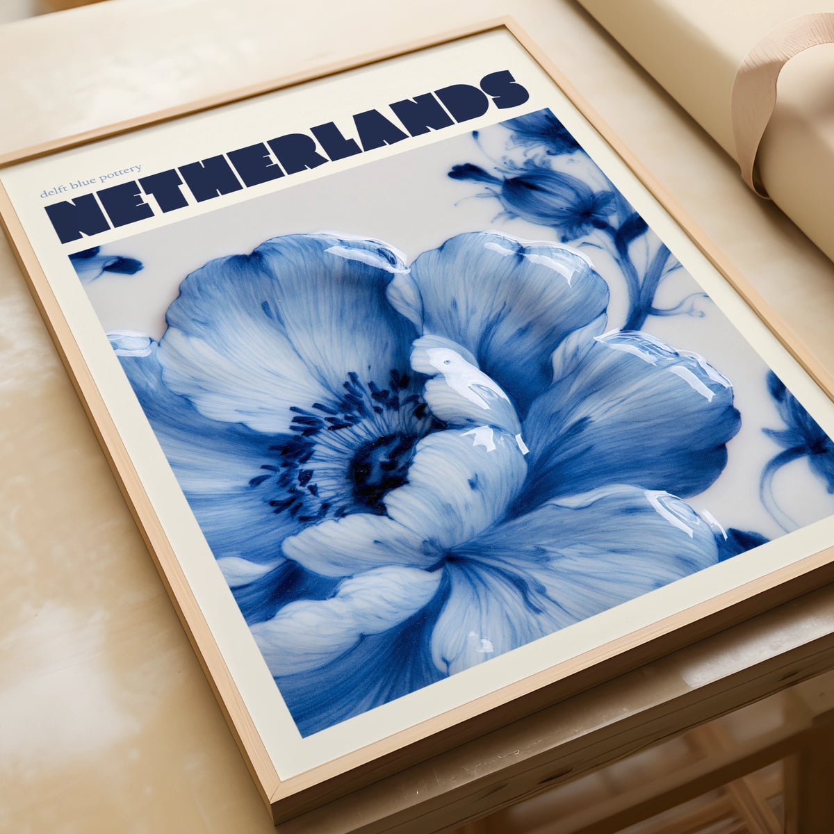 Netherlands Modern Travel Poster, Delft Blue Pottery Floral Wall Art Print